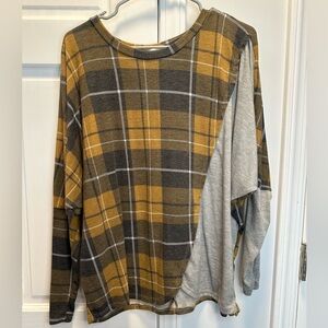 🌸3/$20 Chic Plaid Patchwork Blouse - Mustard and Gray